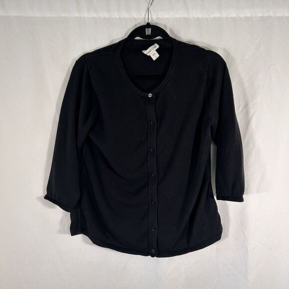 Coldwater Creek Silk Blend Cardigan Women's Large 14 Black Button Up Round Neck - Picture 1 of 10